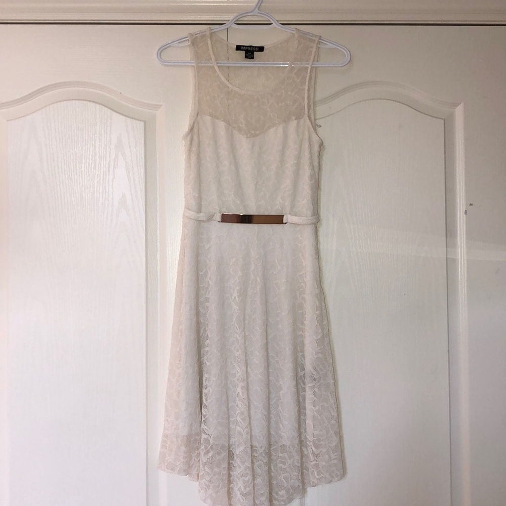 White lace dress with gold belt